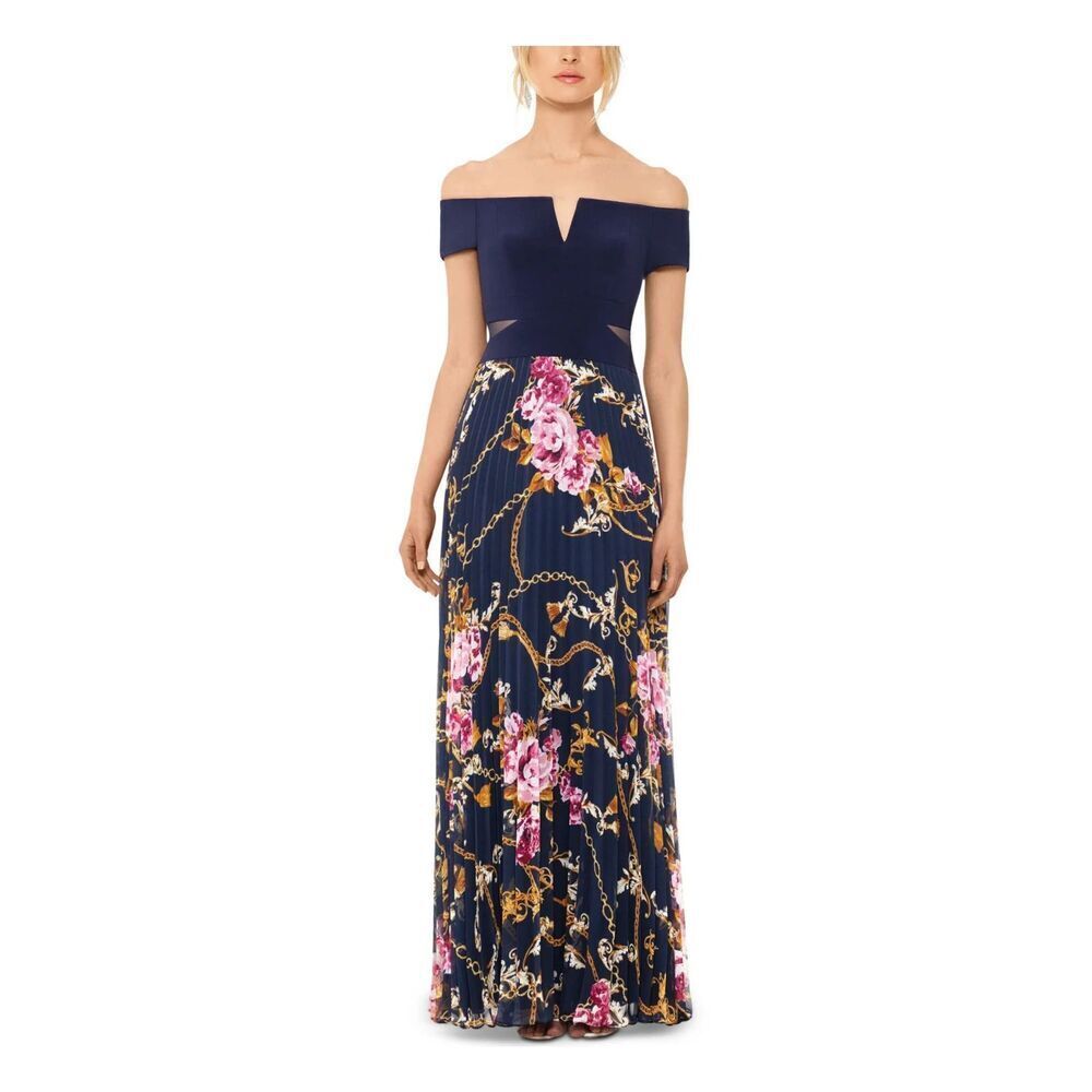 XSCAPE Navy Blue Pink Floral Gold Off The Shoulder Pleated Maxi Gown Dress 6